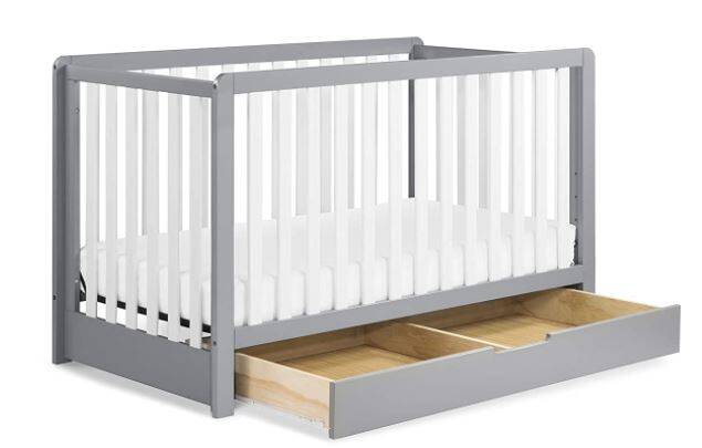 Grey and White Greenguard Gold Certified Crib with drawer