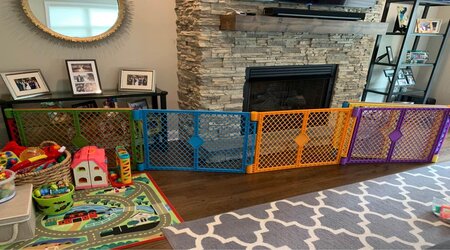 A baby gate around the fireplace