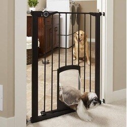 A small dog is crossing the baby gate and a big dog sitting next to the gate