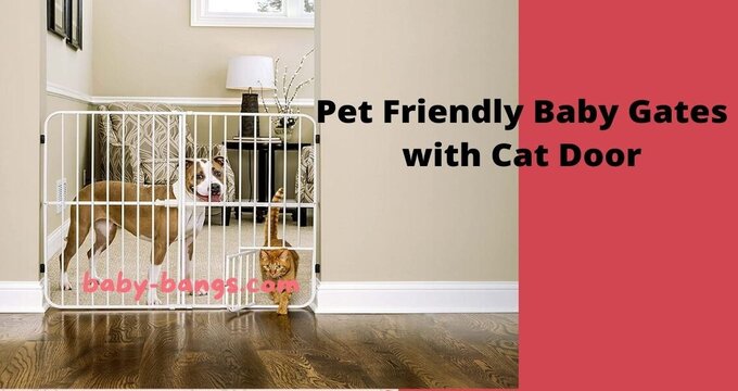 A cat and a dog are next to the pet friendly baby gates and the cat is crossing though the Cat door