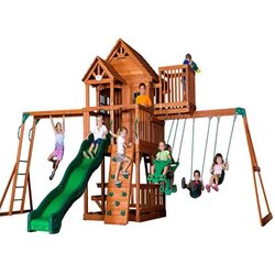 Kids playing on the Backyard Discovery Skyfort II All Cedar Wood Swing Set
