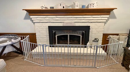 Extra wide baby gate around the fire place