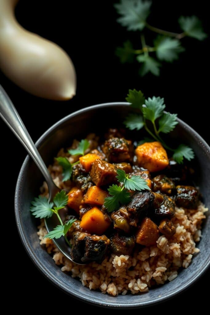 slow cooker vegetable curry with brown rice