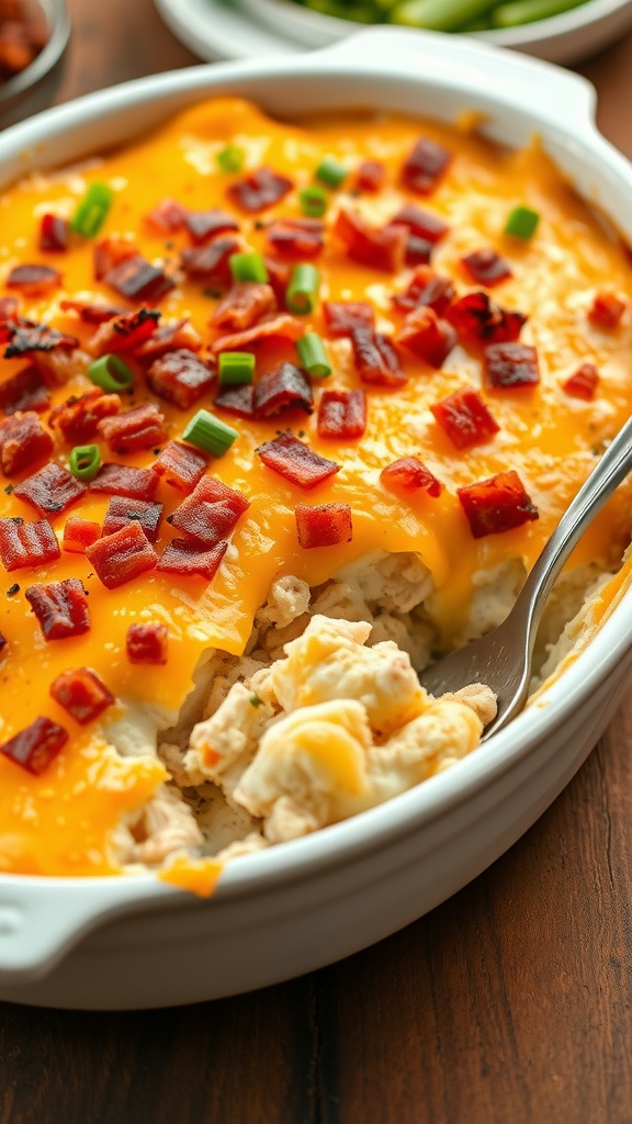 A loaded baked potato chicken casserole topped with cheese, bacon, and green onions, served in a rustic setting.