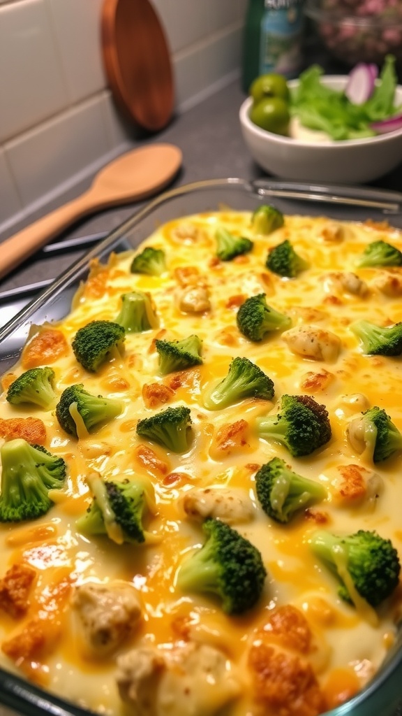 A bubbling Cheesy Creamy Chicken and Broccoli Bake with a golden cheese topping and visible pieces of broccoli and chicken.