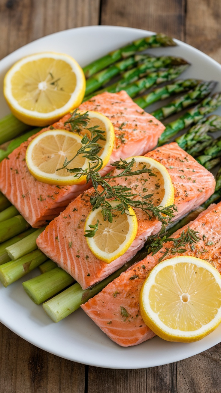 Lemon herb baked salmon fillets alongside roasted asparagus on a rustic wooden table.