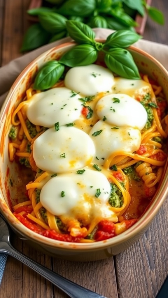 A delicious pesto chicken casserole topped with melted mozzarella cheese and fresh basil.