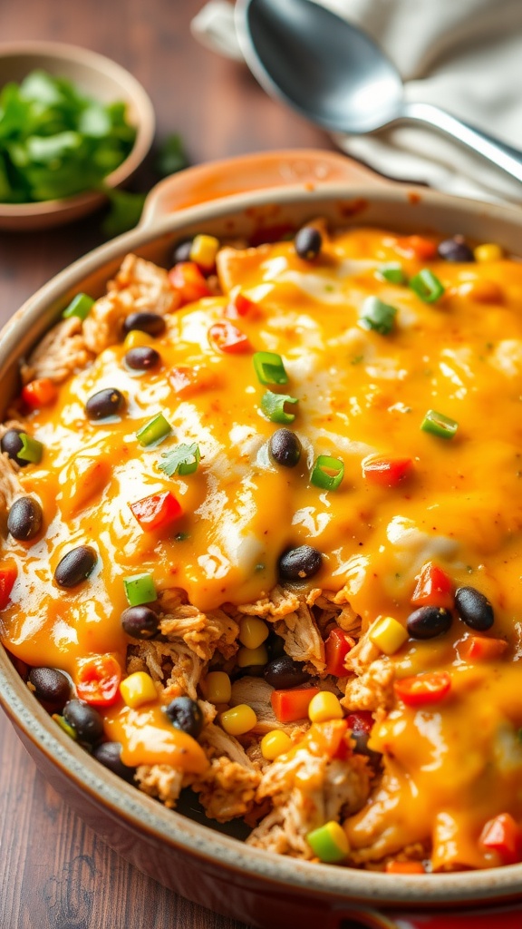 A baked Southwest chicken casserole with cheese, black beans, corn, and peppers in a rustic dish on a wooden table.