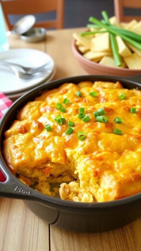 BBQ Ranch Chicken and Cornbread Casserole with golden topping and green onions, served in a baking dish.