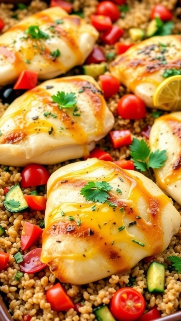 Mediterranean Chicken and Quinoa Bake with chicken, quinoa, bell peppers, zucchini, and tomatoes, garnished with parsley.