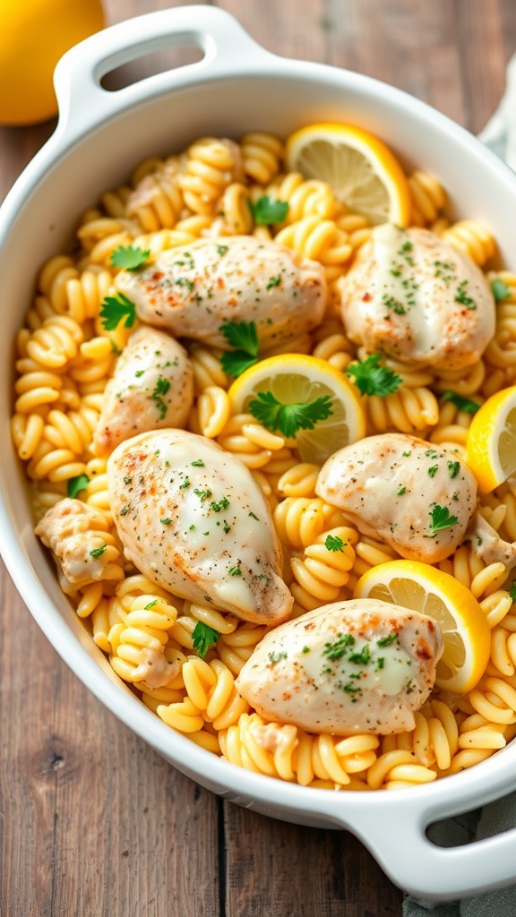 A mouthwatering Lemon Herb Chicken and Orzo Casserole with chicken, orzo pasta, and garnished with parsley and lemon slices.