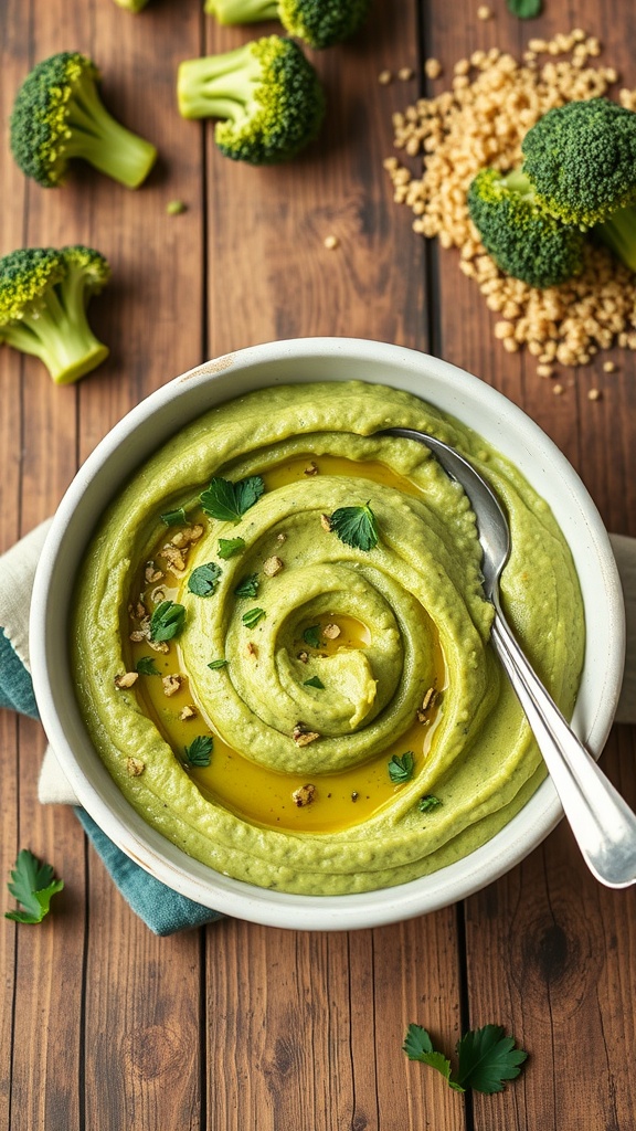 Creamy quinoa and broccoli purée in a bowl, garnished with herbs, on a rustic table.