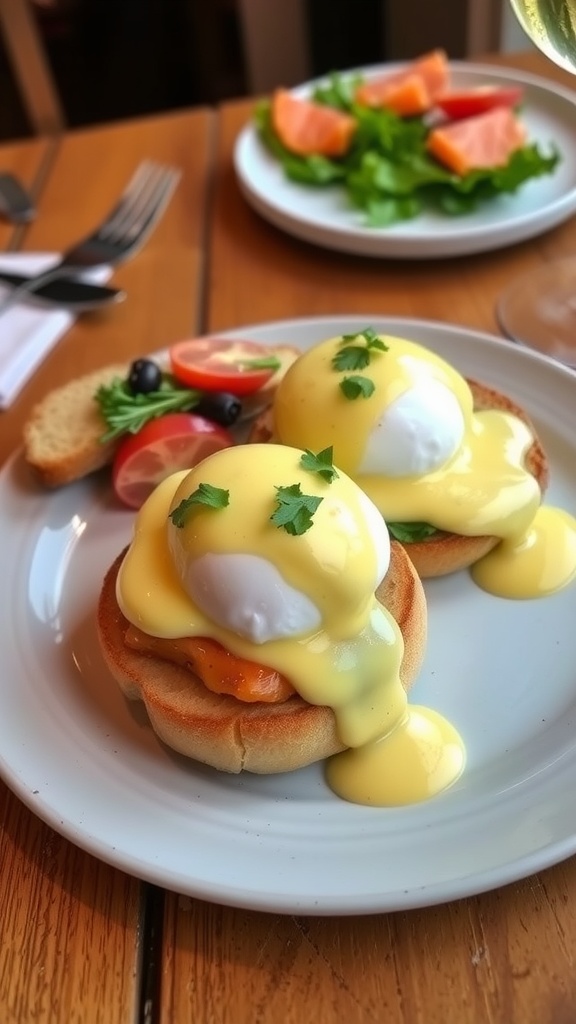 A plate of Eggs Benedict with poached eggs, hollandaise sauce, and greens on toasted English muffins.