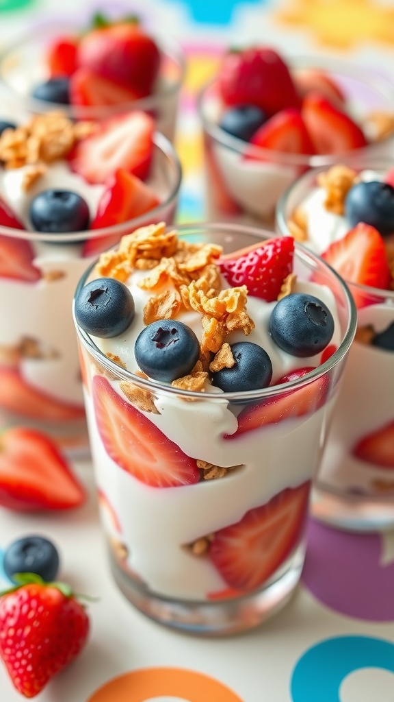 Bright yogurt parfaits with layers of yogurt, granola, and fresh fruits in clear cups, ideal for toddlers.