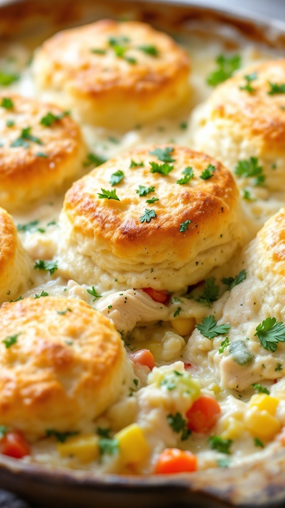 Golden biscuits atop creamy chicken and mixed vegetable bake in a rustic casserole dish.