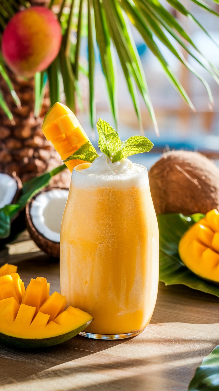 A refreshing mango coconut smoothie garnished with mint leaves, surrounded by tropical fruits.