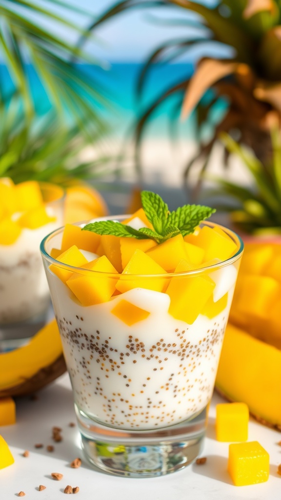 A bowl of mango coconut chia pudding topped with mango chunks and mint leaves, set against a bright tropical background.