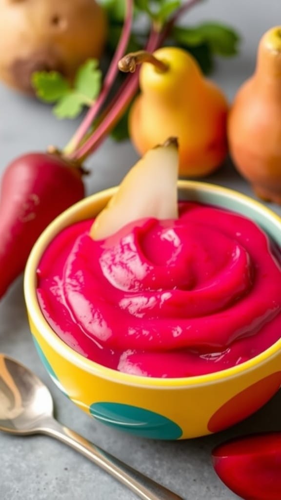 A bowl of smooth beetroot and pear puree with fresh beetroots and pears in the background.