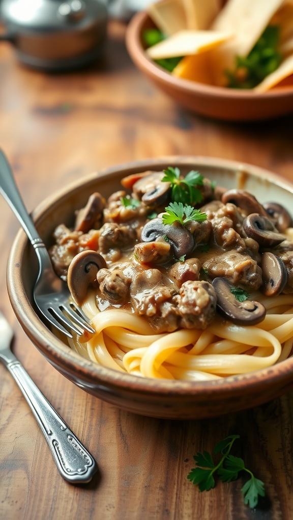 Delicious beef stroganoff with egg noodles and mushrooms in a creamy sauce, garnished with parsley in a rustic setting.