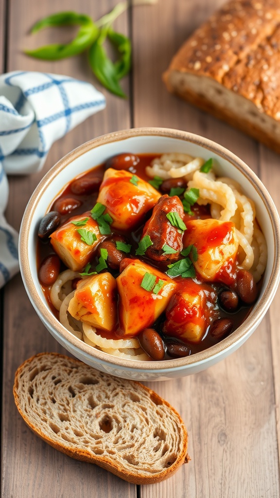 A bowl of barbecue chicken with beans, garnished with herbs, on a rustic table with whole grain bread.