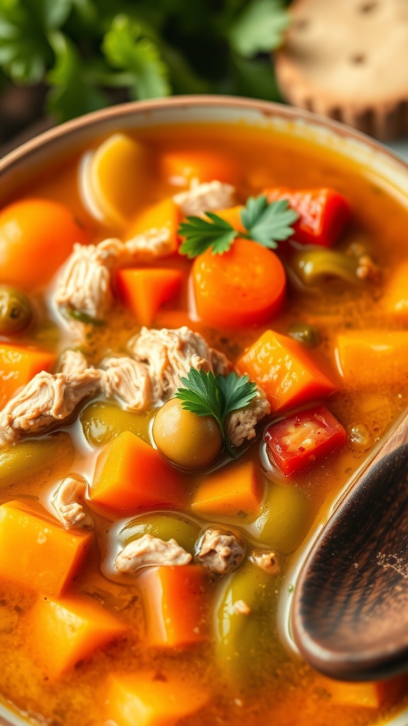 A vibrant bowl of turkey and vegetable soup with carrots, green beans, and herbs, garnished with parsley.