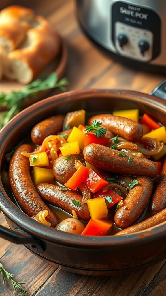 A delicious crock pot meal of sausages, peppers, and onions, garnished with herbs, served in a rustic bowl.