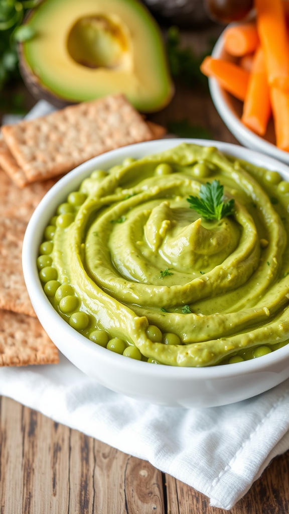 A bowl of creamy avocado and sweet pea blend with crackers and carrot sticks on a rustic table.