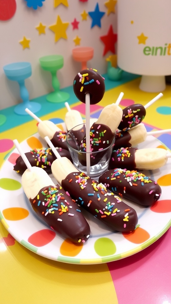 Chocolate-dipped banana pops with sprinkles on a colorful plate, ideal for toddlers.