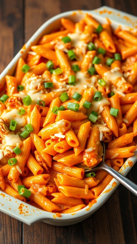 A hearty buffalo chicken pasta bake with melted cheese and garnished with green onions, served in a rustic dish.