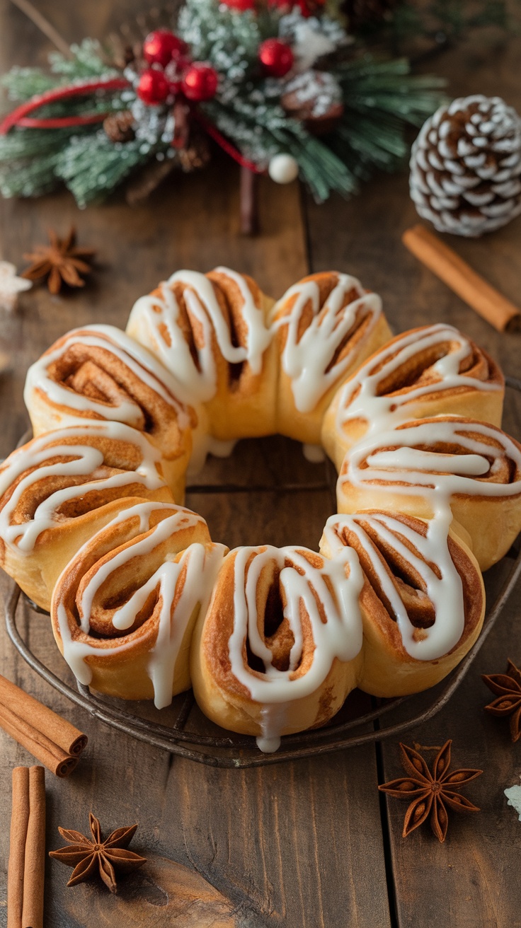 A festive cinnamon roll wreath drizzled with cream cheese glaze on a rustic table with holiday decorations.