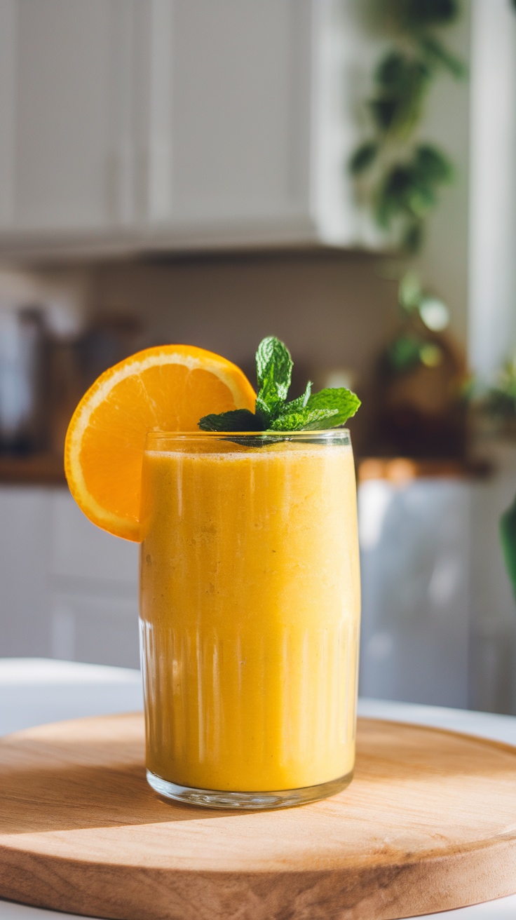 A refreshing Citrus Ginger Zing Smoothie in a glass with orange slice and mint, showcasing bright colors, in a kitchen setting.