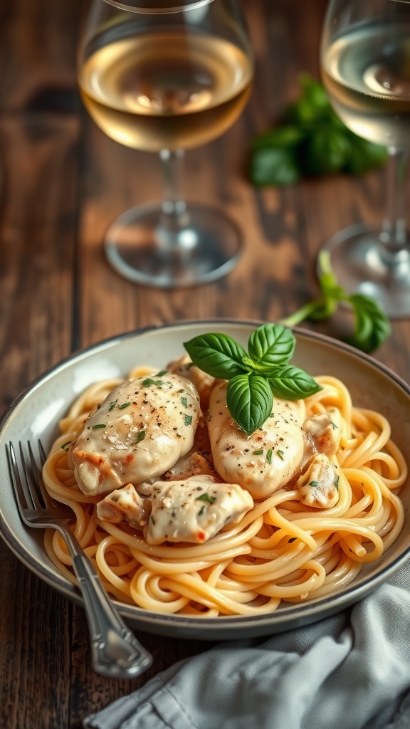 A delicious bowl of creamy Tuscan chicken garnished with basil and Parmesan, served over pasta.