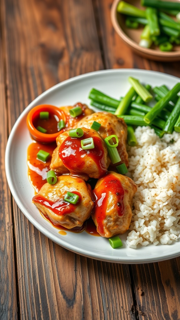 Honey garlic chicken thighs with fresh green onions on a rustic plate with rice and vegetables.