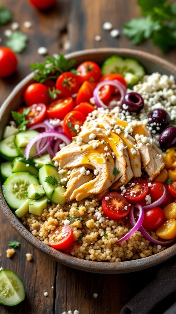 A colorful Mediterranean chicken grain bowl with quinoa, rotisserie chicken, tomatoes, cucumbers, olives, and feta cheese.