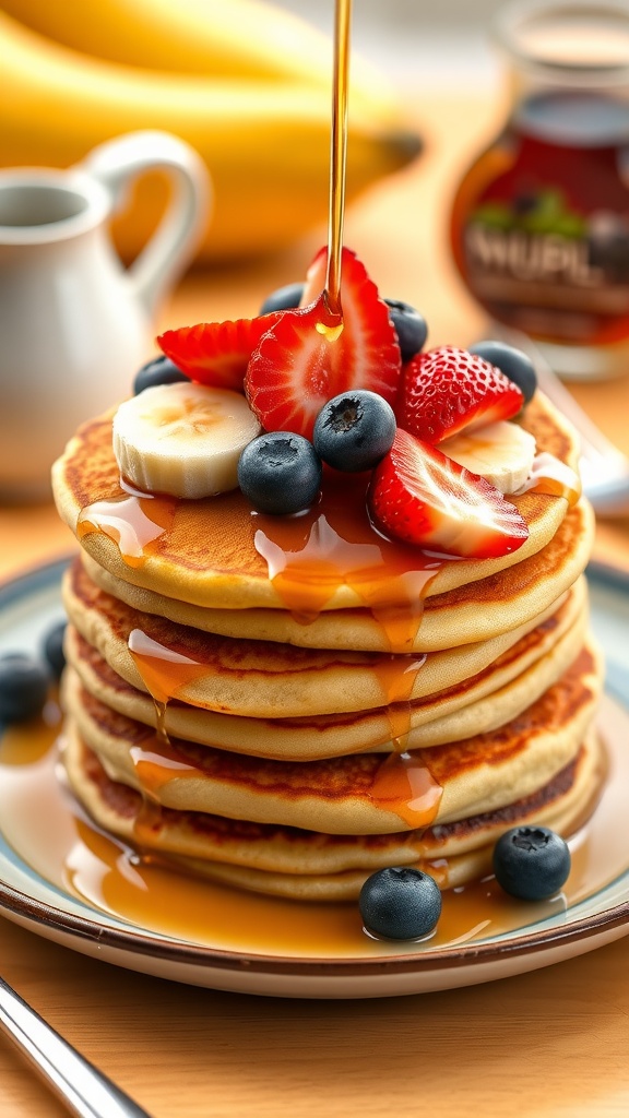 Mini pancake stacks with fresh fruits like strawberries and blueberries, drizzled with syrup on a bright breakfast table.