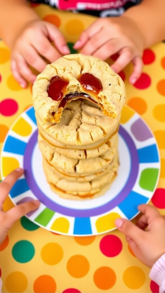 Stack of peanut butter and jelly sandwich cookies with jelly filling, on a colorful plate.