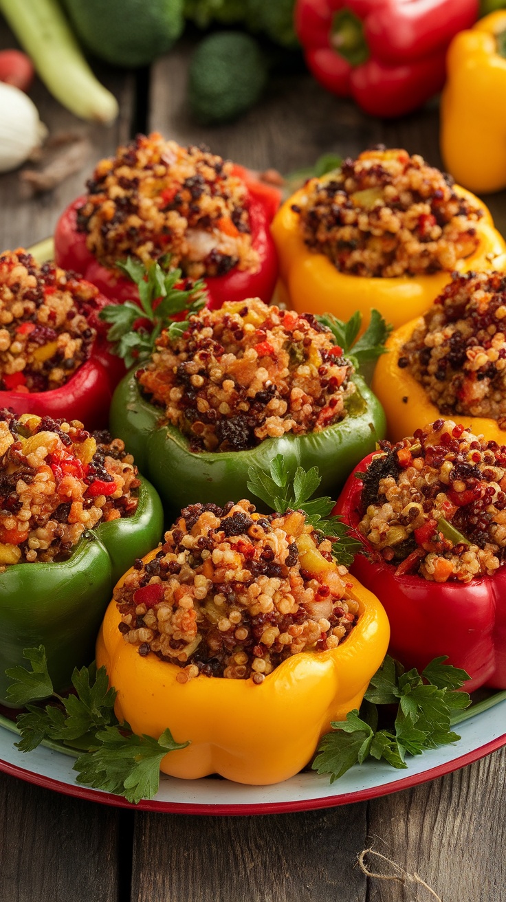 Stuffed bell peppers filled with quinoa and vegetables, garnished with parsley, on a rustic table.