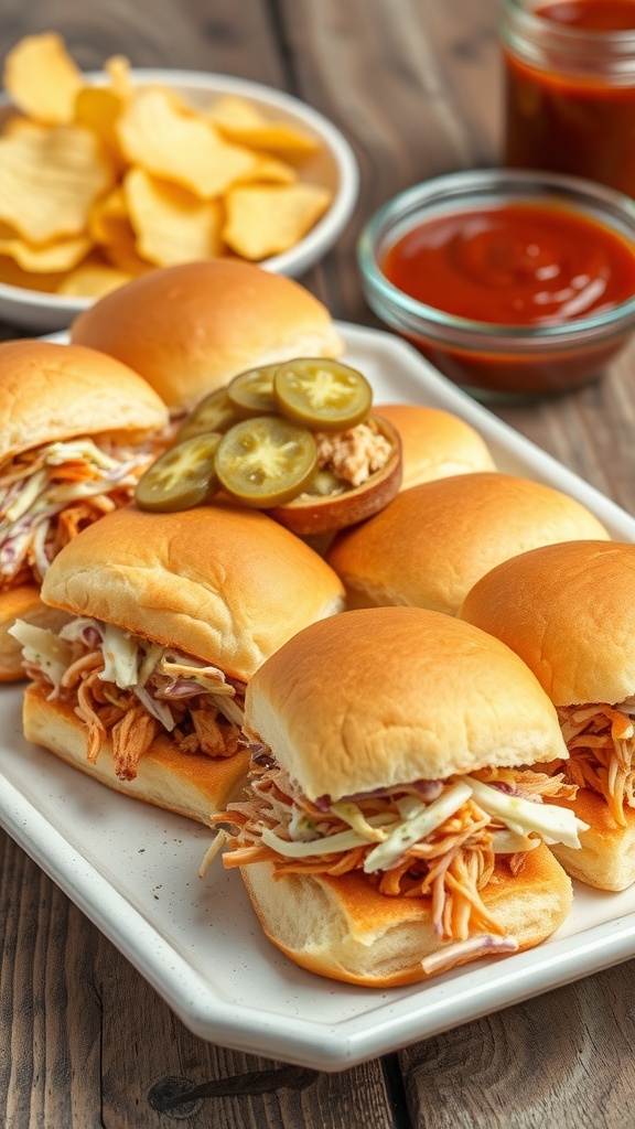 A tray of shredded chicken sliders topped with coleslaw and pickles on a rustic table.