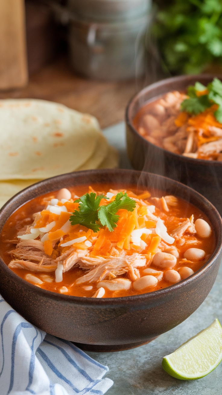 A bowl of white chicken chili with chicken, beans, and cheese, garnished with cilantro and lime, served with tortilla.