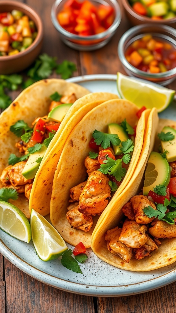 Delicious spicy chicken tacos with cilantro and avocado on a rustic table.