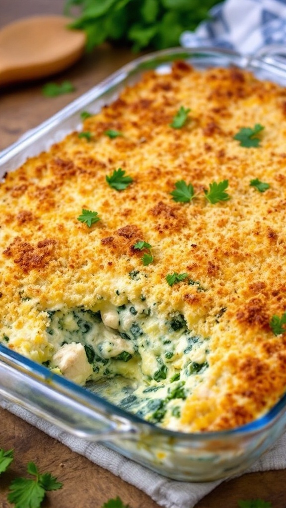 Creamy spinach and artichoke chicken casserole topped with breadcrumbs in a glass dish, garnished with parsley.