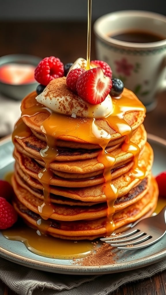 Stack of sweet potato pancakes with maple syrup and berries on a rustic plate.