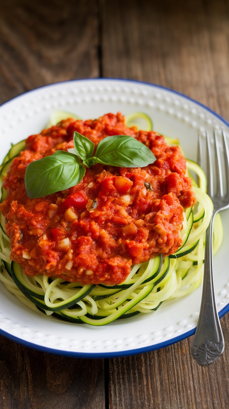 Zucchini noodles with turkey Bolognese sauce garnished with basil on a rustic wooden table.