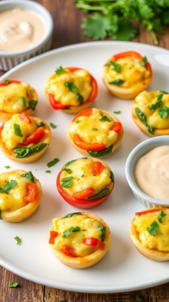 A platter of cheesy veggie egg bites with bell peppers and spinach, garnished with herbs.