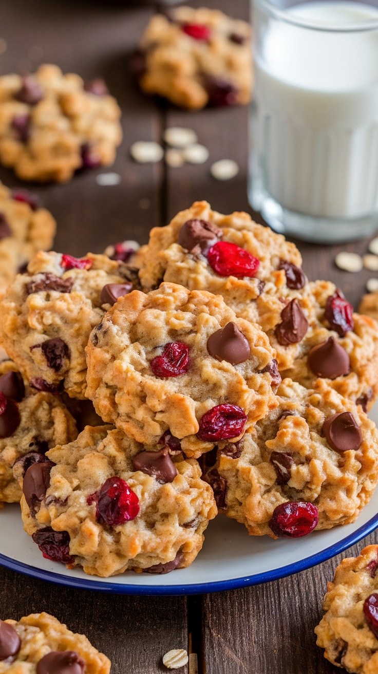 Chewy chocolate chip cranberry oatmeal cookies on a plate, surrounded by oats and a glass of milk.