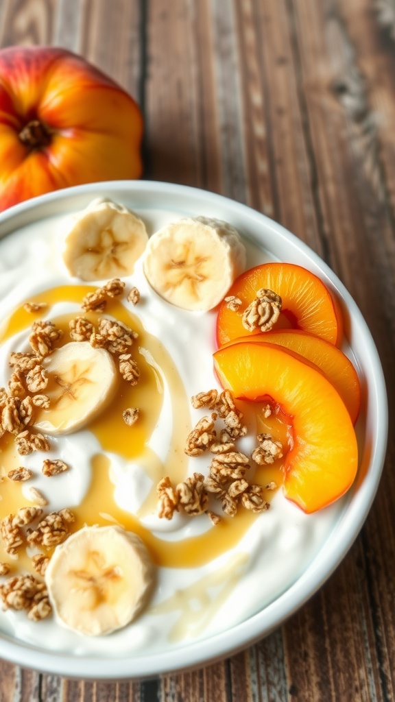 A bowl of banana and peach yogurt topped with banana slices, peach chunks, honey, and granola on a rustic table.