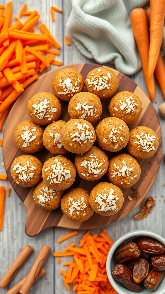 Nutritious carrot cake energy bites on a wooden board with grated carrots and nuts.