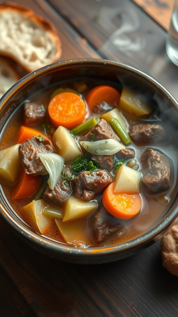 A hearty bowl of beef and cabbage stew with chunks of beef, cabbage, and carrots, garnished with herbs on a wooden table with bread.