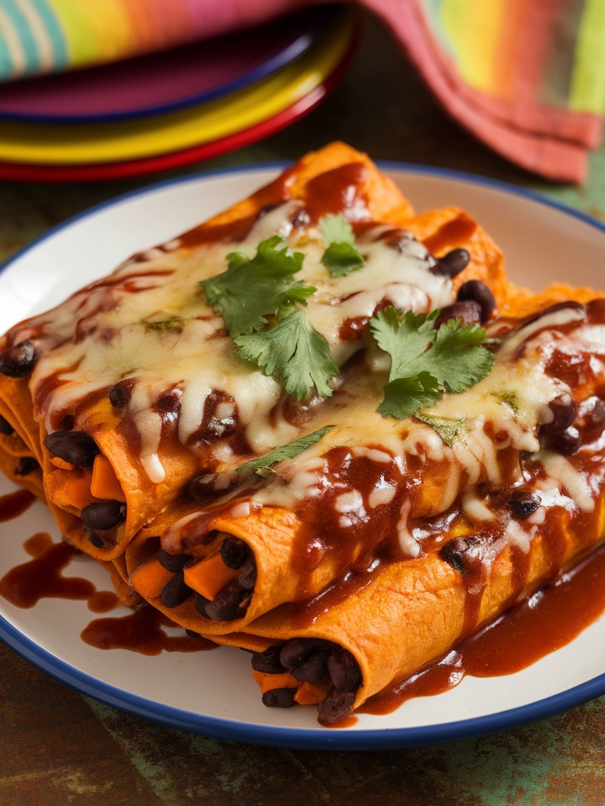 Savory sweet potato and black bean enchiladas topped with cheese and garnished with cilantro on a rustic table.