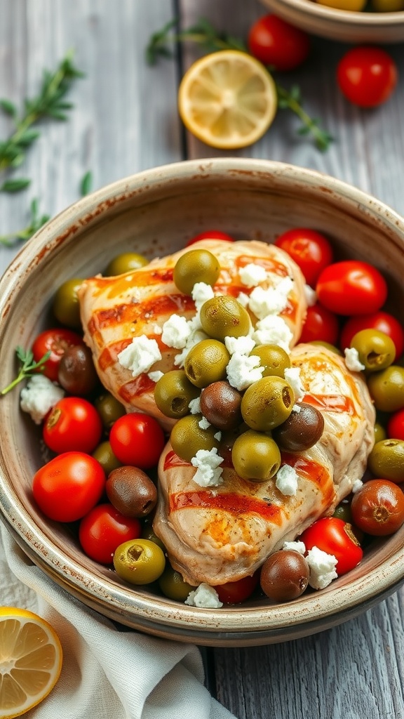 Greek chicken with olives and feta in a rustic bowl on a wooden table, garnished with cherry tomatoes and oregano.